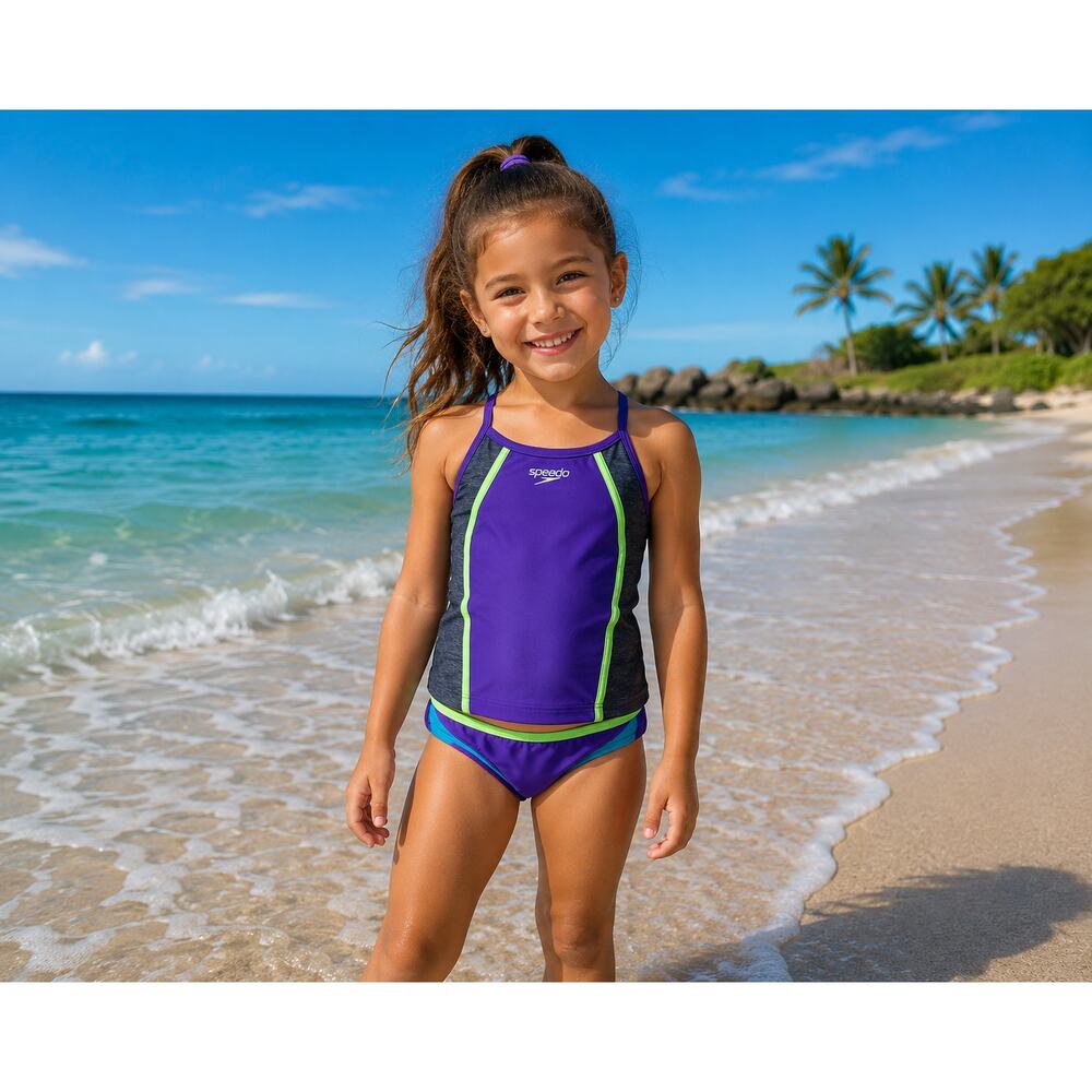 Speedo Girls 2-Piece Swimsuit Set – Purple Tankini Bathing Suit Size 8